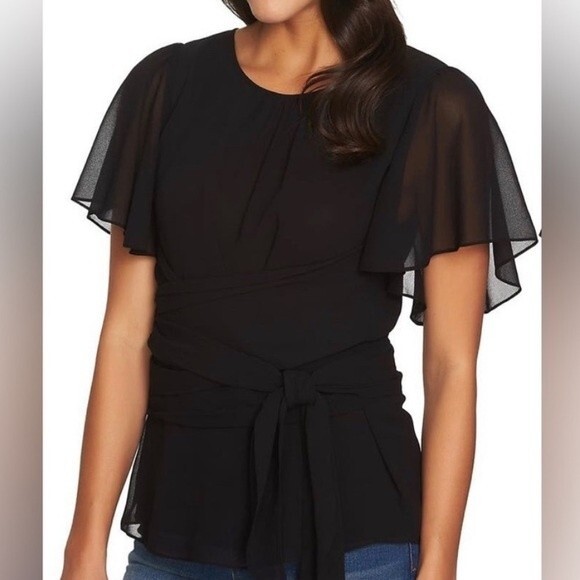 NWT 1. State Short Sleeve Black Tie Waist Blouse, Size XS - Picture 2 of 9